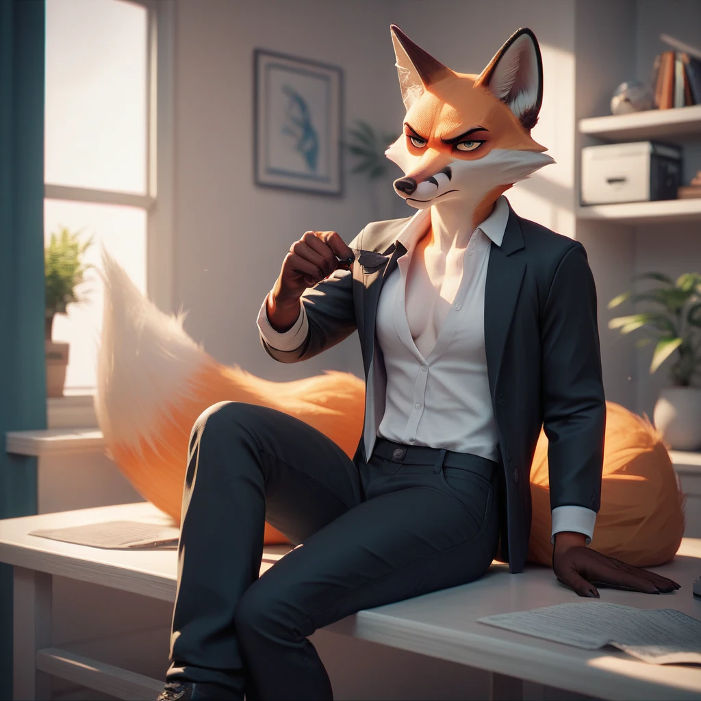 An MSLE , Serious, stern face,  fox wearing an open white shirt, And some black dress pants, sitting, in a simple room 4k .