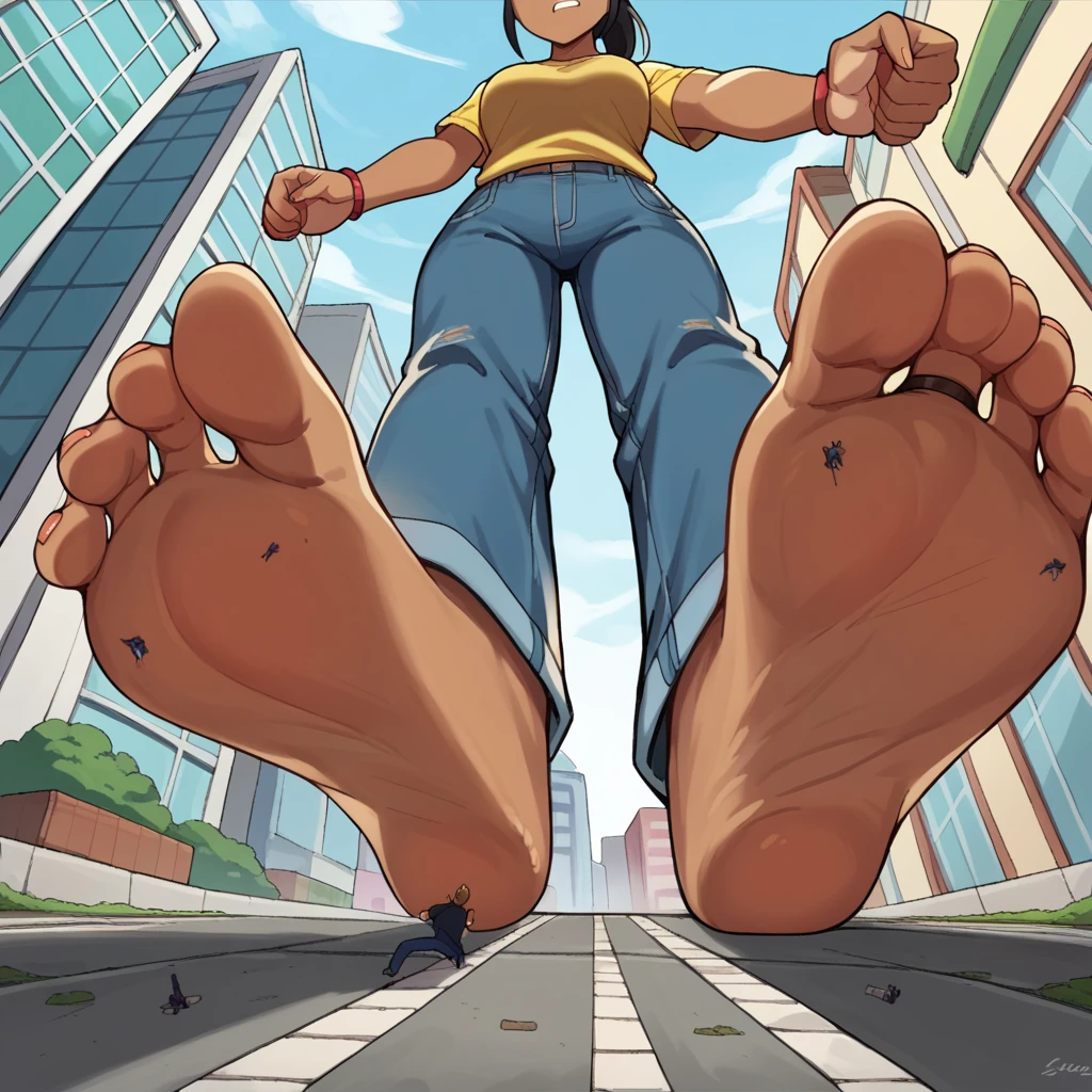 score_9, score_8_above, score_7_above, source_anime, BREAK POV :  under Giantess , dark skin tone ,  black hair,jeans,Yellow lion shirt ,ponytail cabelo,Step on ,from below,city,barefoot,foot