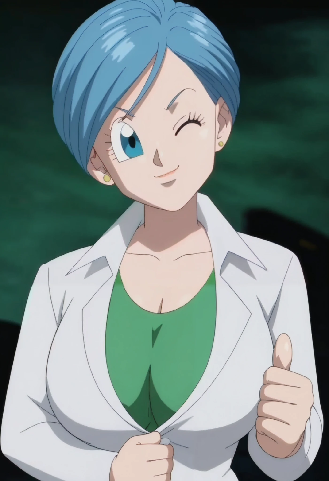 source_anime, score_9, score_8_up, score_7_up, anime screencap,8k, absurd res, 
bulma, 1girl, solo, looking at viewer, smile, short hair, blue eyes, jewelry, closed mouth, blue hair, collarbone, green shirt, upper body, big breasts, cleavage, huge breasts, earrings, one eye closed, collared shirt, hand up, blurry, head tilt, eyelashes, stud earrings, thumbs up, labcoat,official style, 
 