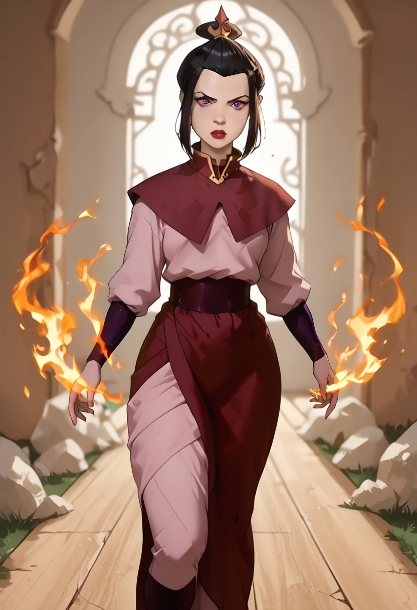 Azula from Avatar The Last Airbender wearing a sexy version of Charmcaster's outfit from Ben 10, a tight lavender and purple dress with magical rune patterns, a high slit to reveal her thick thighs, paired with knee-high boots and long gloves, her figure is curvy with large breasts, a slim waist, and thick thighs, her face retains Azula's sharp and defined features, her expression is confident and mischievous, her hair is styled elegantly with streaks of silver to match Charmcaster's theme, she holds a glowing spellbook in one hand, the setting is dark and magical with swirling mystical energy, there are no elements or colors related to the Fire Nation"