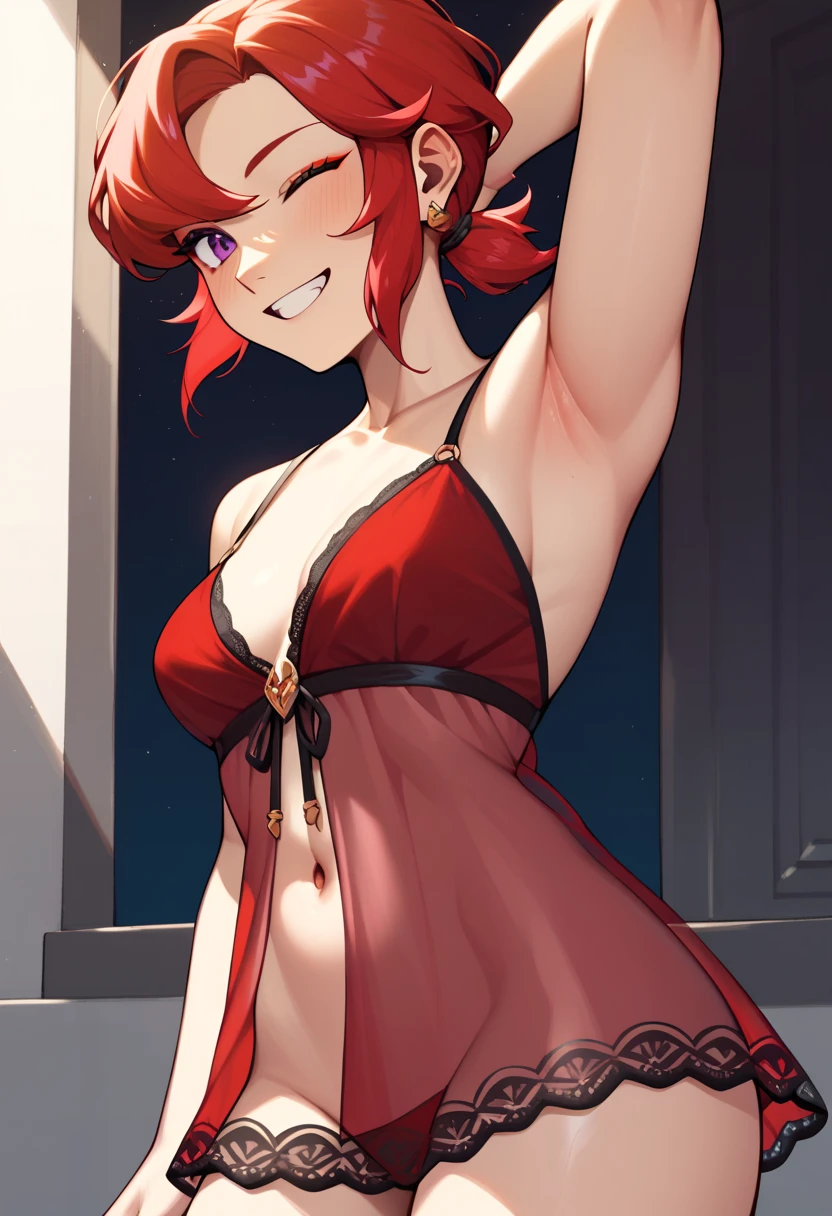 Mars, red nails, smiling, red hair, short ponytail hairstyle, purple eyes, gold earings, gold brasalet,  winking one eye, red transparent nightgown, showing leg, showing armpit,