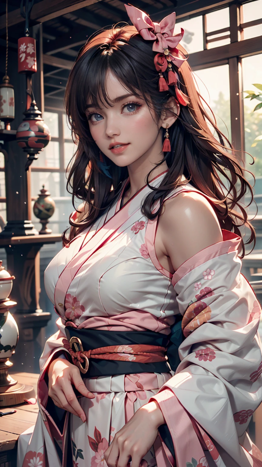 (Realistic painting style:0.9), masterpiece, best quality, absurdres, looking at viewer, solo, keqing (lantern rite) (genshin impact), keqing (genshin impact), hair bun, skirt, scarf, purple sweater, white skirt, purple hair, sweater, twintails, purple eyes, diamond-shaped pupils, hair ornament, bare shoulders, smile, breasts, cone hair bun, long hair, belt, double bun, long sleeves, bangs, bow, hair flower, hair bow,ribbon, hair ribbon, braid, plaid scarf, plaid, off shoulder