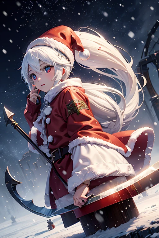  the night of Christmas Eve ，It's snowing ， Santa Claus with a scythe， 3D fantasy anime ，Panoramic Image，