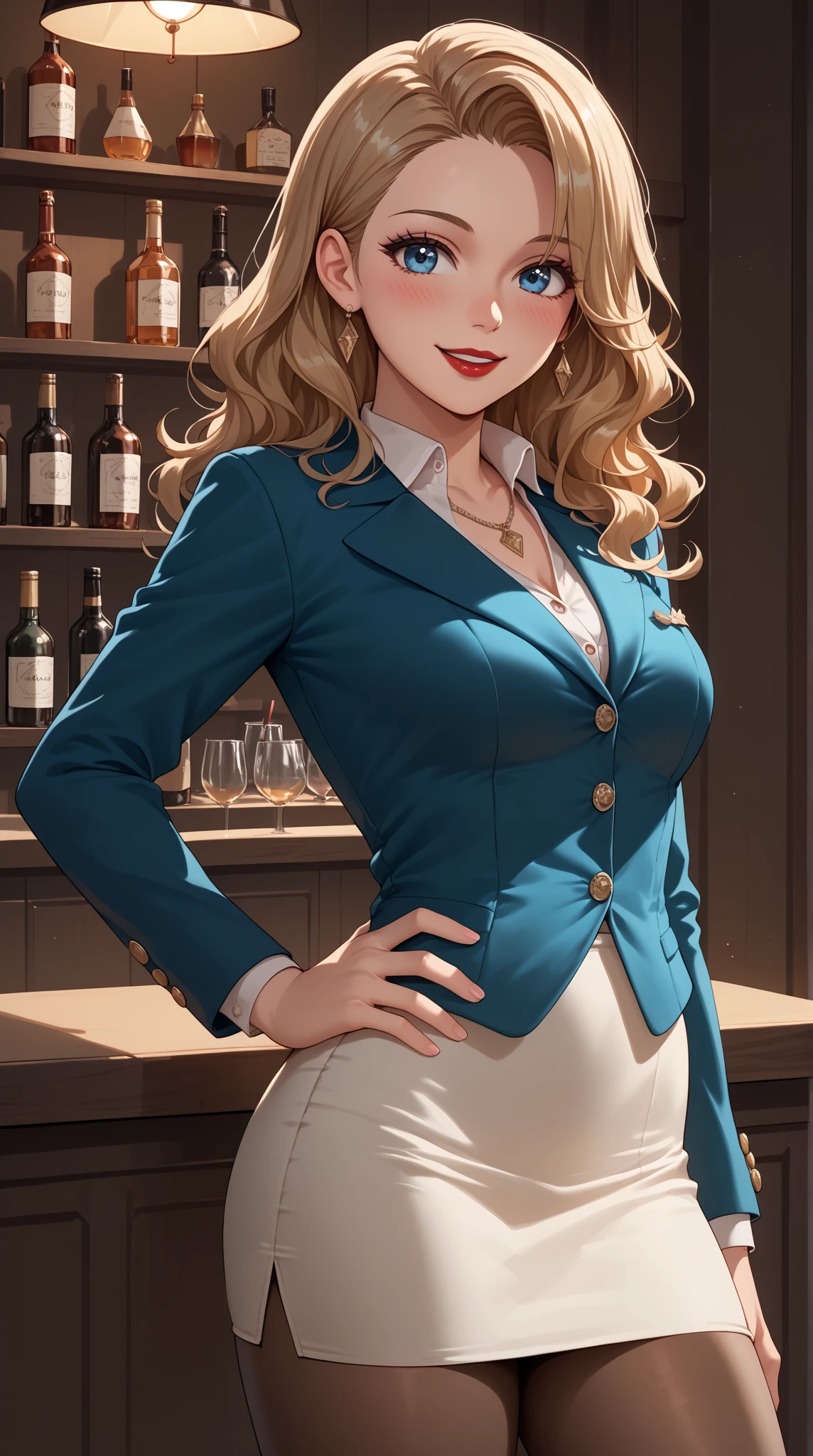  masterpiece,  best quality ,  medium breasts ,   beautiful details , fine texture, fine skin,  very cute girl , Alone,  happy smile  ,Red lips, Blush,  deep blue eyes  , black wavy hair ,  links, side parting,  white companion suit  , buttoned blazer ( blazer with two buttons ), pencil skirt,  pantyhose ,Blouse , Necklace,  indoor,   bar luxury room background,  standing, hand on hip  ,cowboy shot