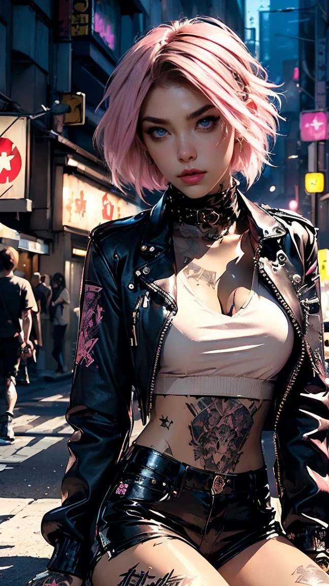 (((top quality: 1.4))),(A masterpiece like no other in history), (ultra high resolution),(Ultra-realistic 8k CG), official art、 (((adult body))), (((1 girl))), ((( bob short hair ))), punk girl with perfect body, jacket with metal spine,Beautiful and well-shaped face,,elaborate punk fashion,leather jacket, (Image from head to thighs),((Pink bob short hair )), ((small leather panties:1.0)), Simon Bisley&#39;s urban and brutal style,Detailed street background of London,beautiful abs, Complex graphics, (( Lots of poisonous tattoos )), earrings,