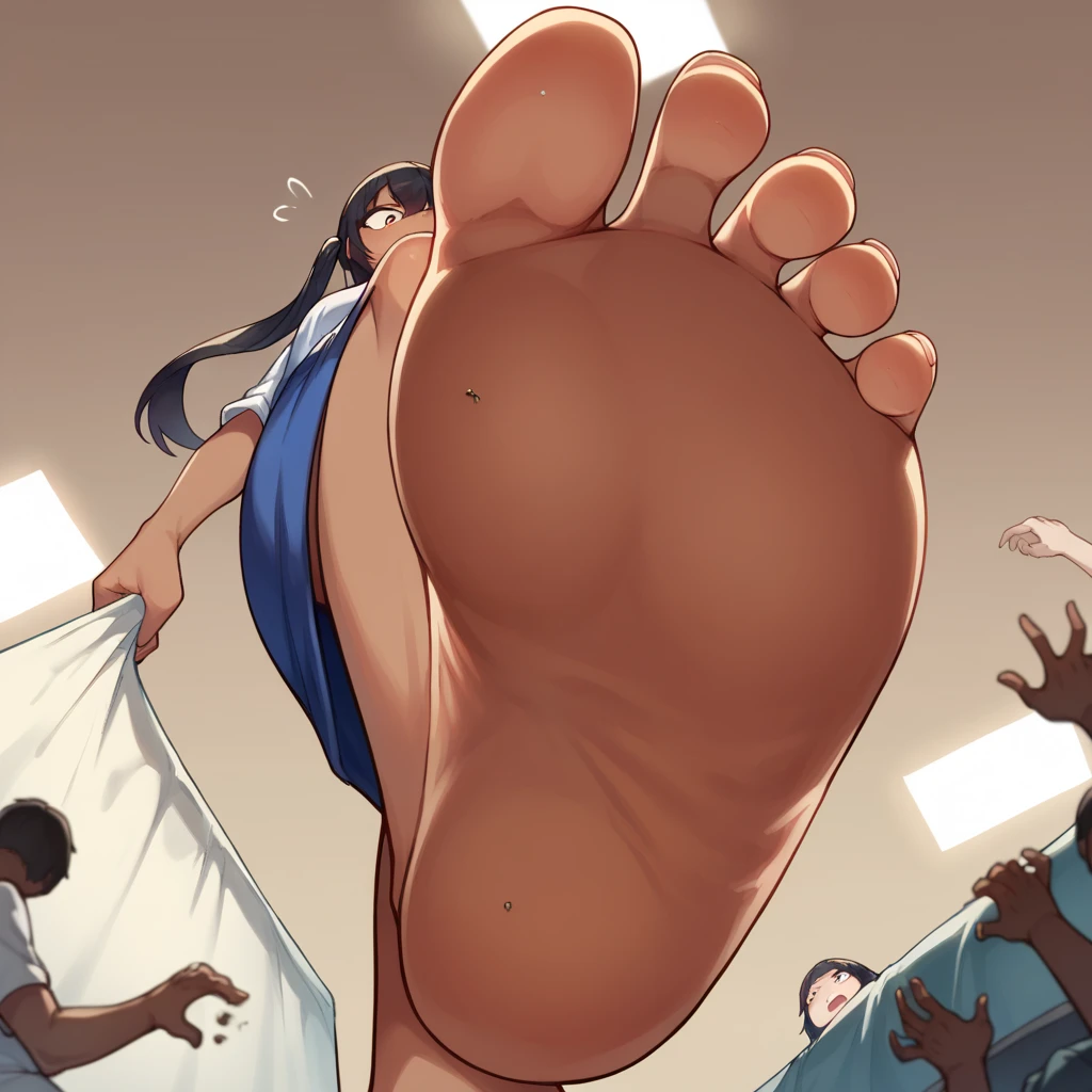 score_9, score_8_above, score_7_above, source_anime, BREAK POV : under Giantess ,blue skirt, long hair,white shirt, brown skin tone, black hair, pig tails,from below,Stomp,soles,barefoot,bed,panic crowd
