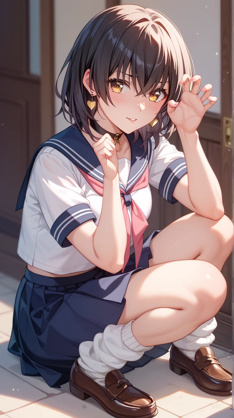 ( super high resolution 、 Max Image、 top quality、 detailed details )、(Himeragi Yukina:1.25)、 1 woman 、solo、 black hair、Shiny Hair、 bangs between eyes、 golden eyes、Glamorous eyes、 textured skin、 sailor suit、Summer uniform、Short sleeve、 miniskirt、 Loose Socks、 brown loafers 、Shiny Earrings、 choker 、(Gal pose:1.2)、whole body、front、 from before、blush、 smiles、