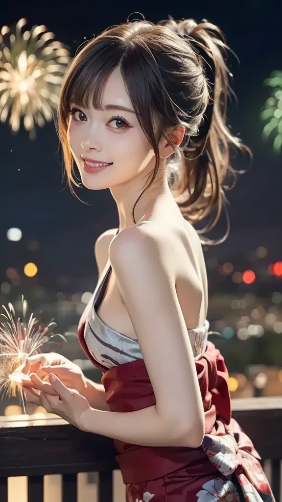 (masterpiece),(best quality:1.2),((perfect anatomy)),(perfect fingers:1.3),(1 girl),(small breasts),best quality,silver ponytail hair,blunt bangs,(From the side),(sideways glance),beautiful detailed red eyes,red yukata fashion,watching fireworks show,lots of fireworks,dreamy happy atmosphere,disappointed,pastel colors,dramatic lighting,enchanting smile