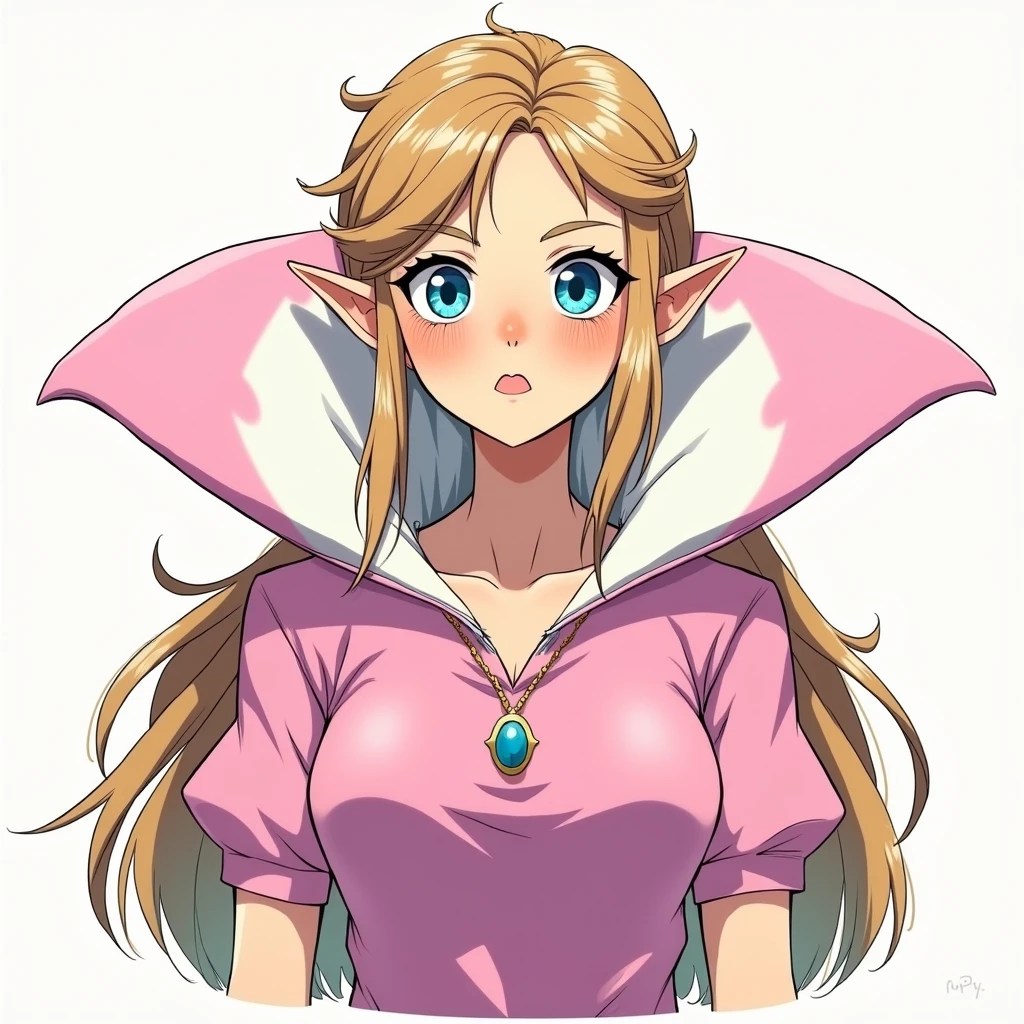 Anime, Princess Zelda wearing a Pink Polo with a Massive Popped Collar Polo that's taller than her head