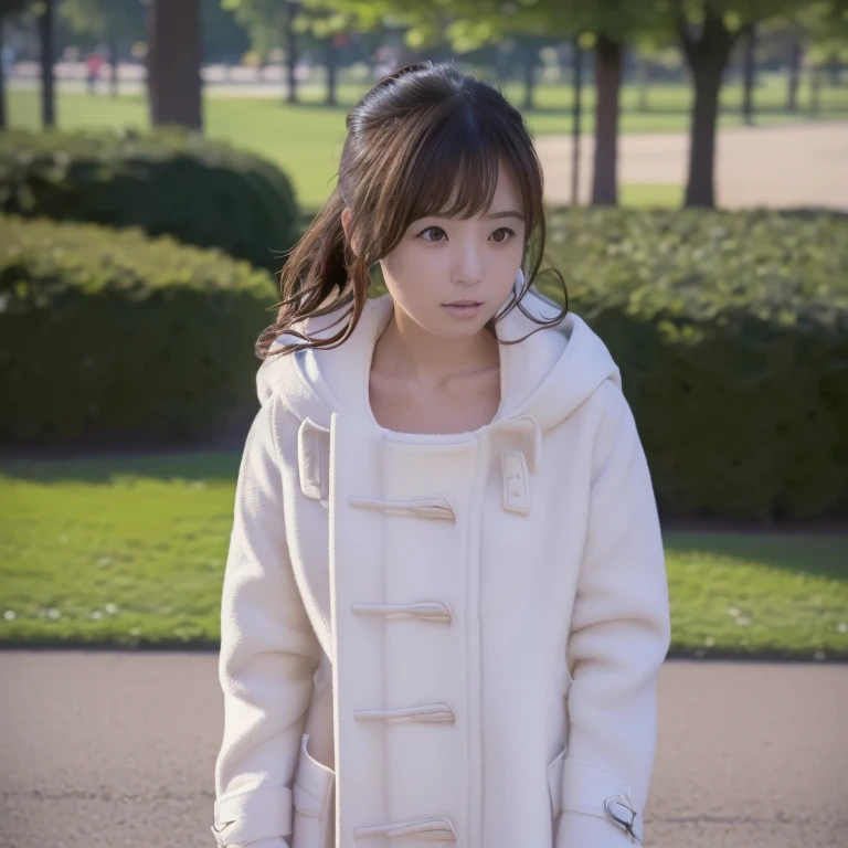 (((Open the front of the duffle coat))),((( completely nakedをみせている女性)))、((( completely naked)))、 ponytail、((In the park)),  8k, super detail, ccurate, best quality、(((Full body photography))),((( pussy )))、(((pubic hair)))、,((( shot from the front )))、Trance