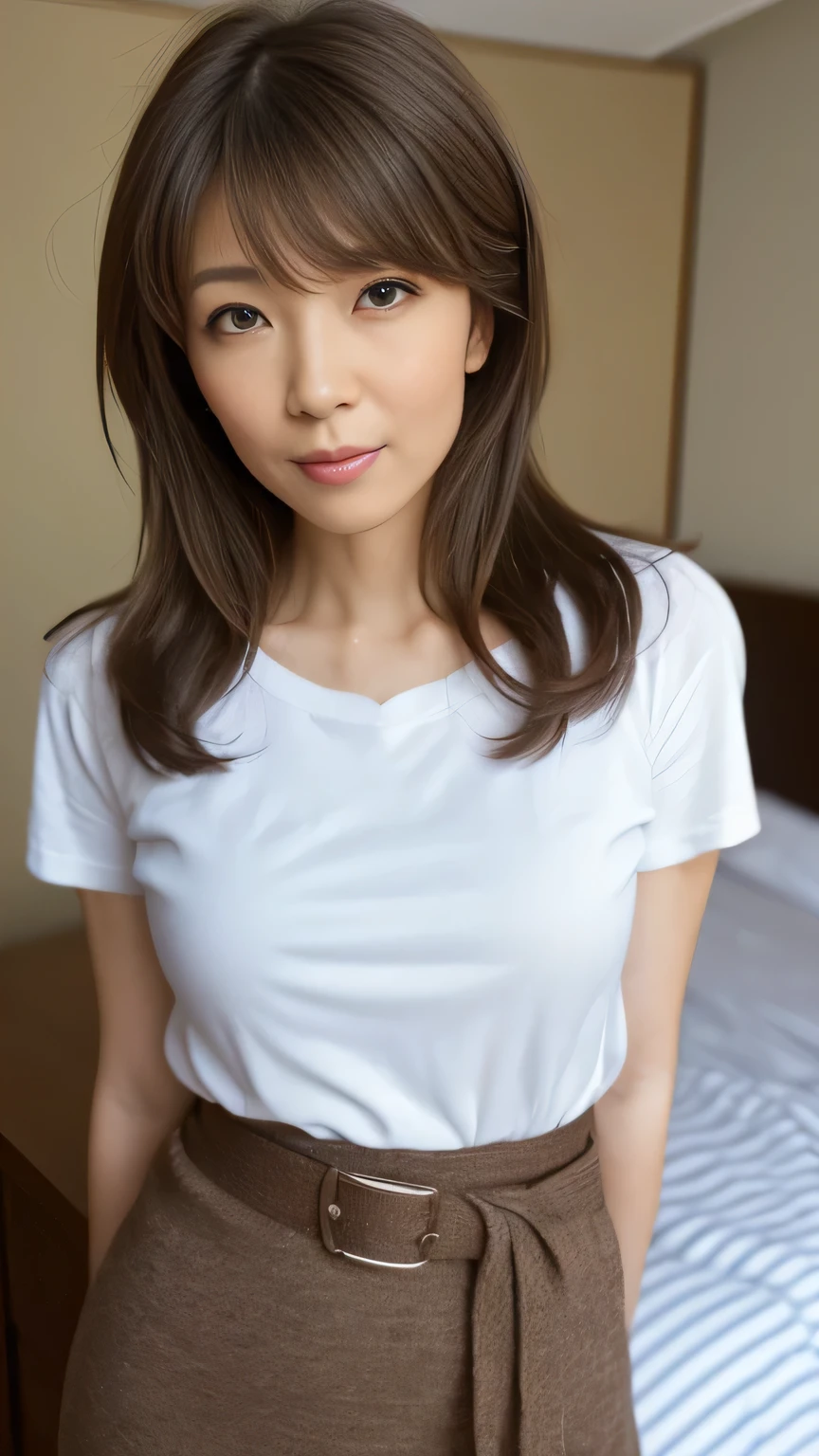 (a masterpiece portrait of a woman with ultra detailed features, in 8K resolution, with crisp quality and vibrant colors)、 sharp focus 、 focusing on the upper body、wife、Standing in the bedroom、 one woman、 Japanese、30 years old、 brown eyes、 realistic facial wrinkles:1.2、 slender figure 、 pixie cut hair 、Brown Hair、(T-shirt, Belted pencil skirt)、エレガントなwife、round face、( sexy pose to hide over there:1.4)、