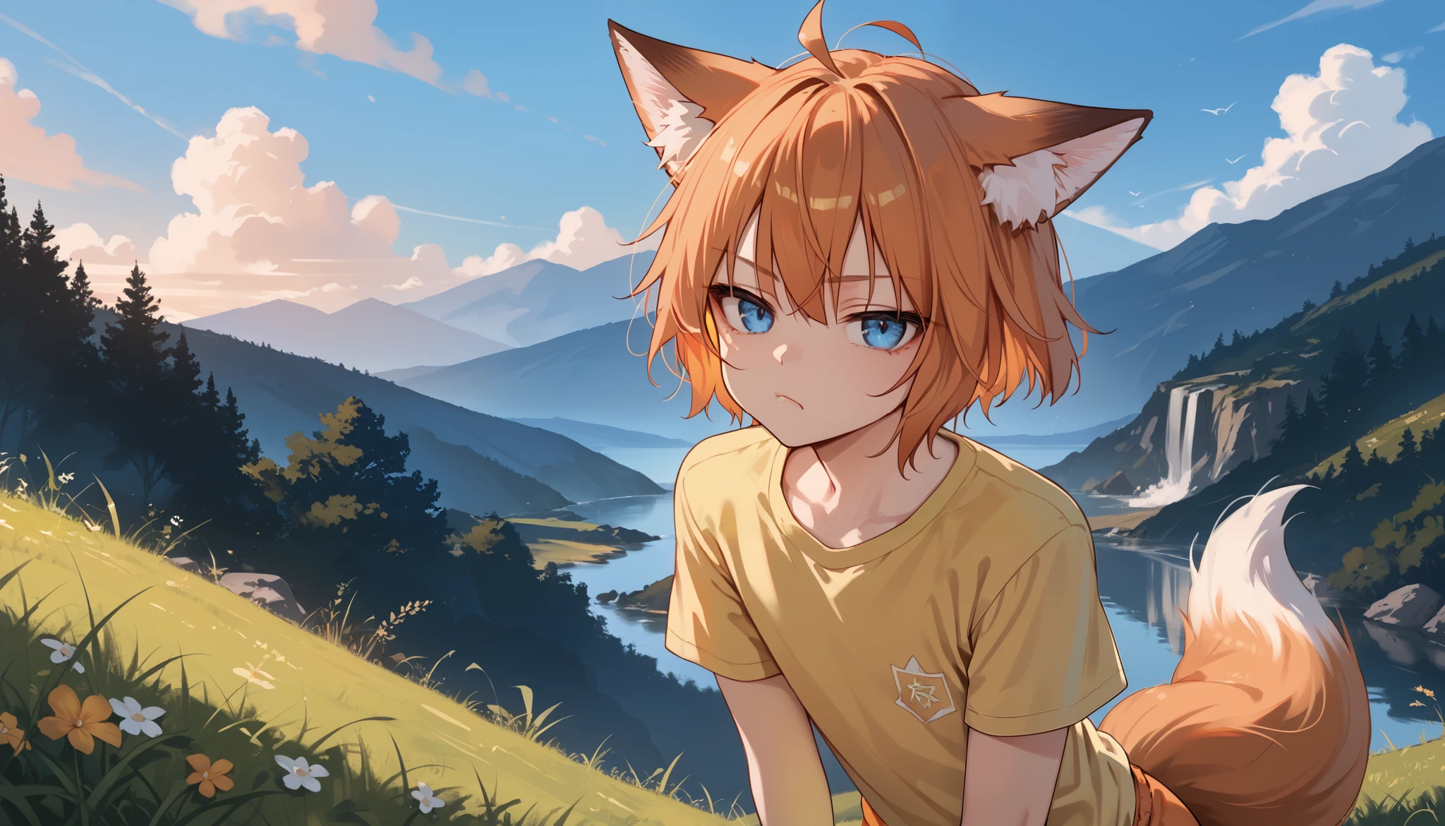 score_9_up, score_8_up, score_7_up, 1boy, solo, source_anime, Beautiful eyes, ((sfw, rating:general)), kemonomimi, , fox ears, fox tail, orange hair, short hair, blue eyes BREAK 

Yellow shirt, short sleeves BREAK orange shorts BREAK 

Closed mouth, bored face, looking at viewer, standing, outdoors, grass, blue sky BREAK 