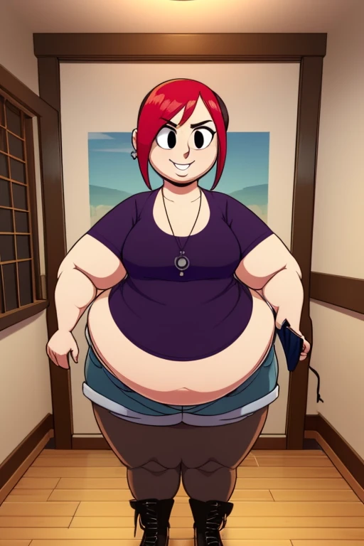 ((ultra quality)), ((masterpiece)), Demencia, (villanos), 1 fat girl solo ((black short hair tomboy hairstyle)), (Beautiful face), (beautiful female lips), (), charming, ((Happy facial expression)), looks at the camera, eyes slightly open, ( white skin color), (white skin), glare on the body plus, ((detailed beautiful female eyes)), ((dark brown eyes)), (juicy female lips), (dark eyeliner), (beautiful female hands), (( fat female figure)), female body plus, beautiful waist, gorgeous thighs, beautiful medium breasts, ((subtle and beautiful)), sexy worth (), (White shirt, Black jeans) background, ((depth of field)), ((high quality clear image)), (clear details), ((high detail)), realistically, professional photo session, ((Clear Focus)), anime