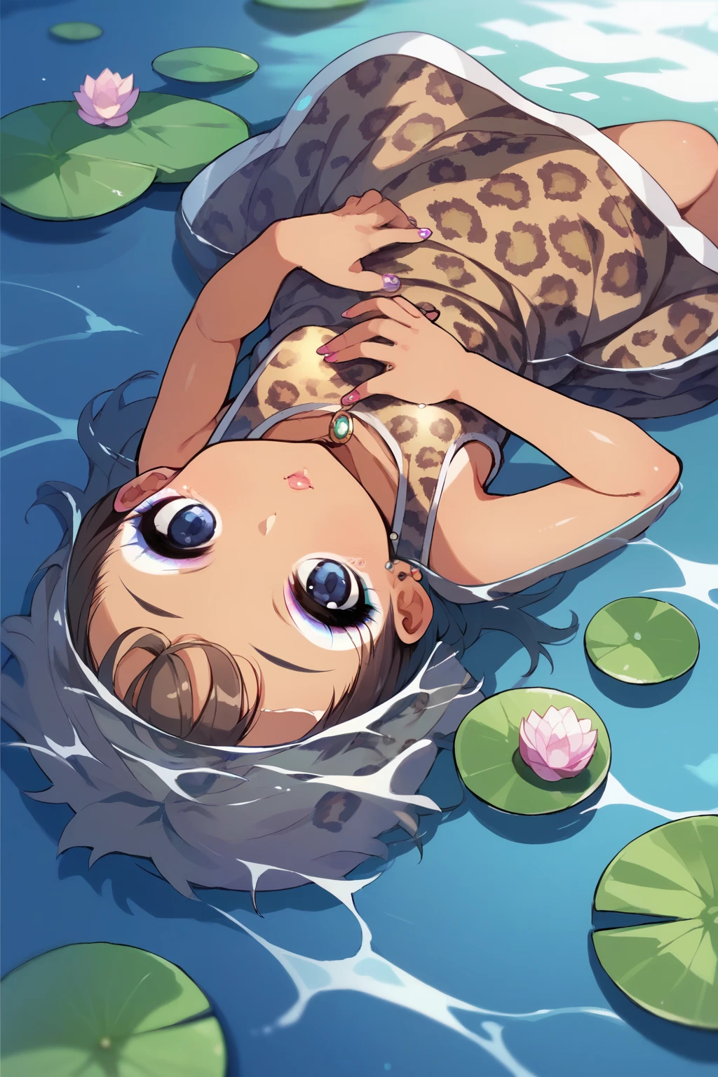 score_9, score_8_up, score_7_up, score_6_up,  source_Anime,  rating:generally, One young girl,  short， toddler figure ， An Anime Girl , Improveu,  tan, Improve, makeup, gem, leopard print, ,  lying on a water lily leaf 