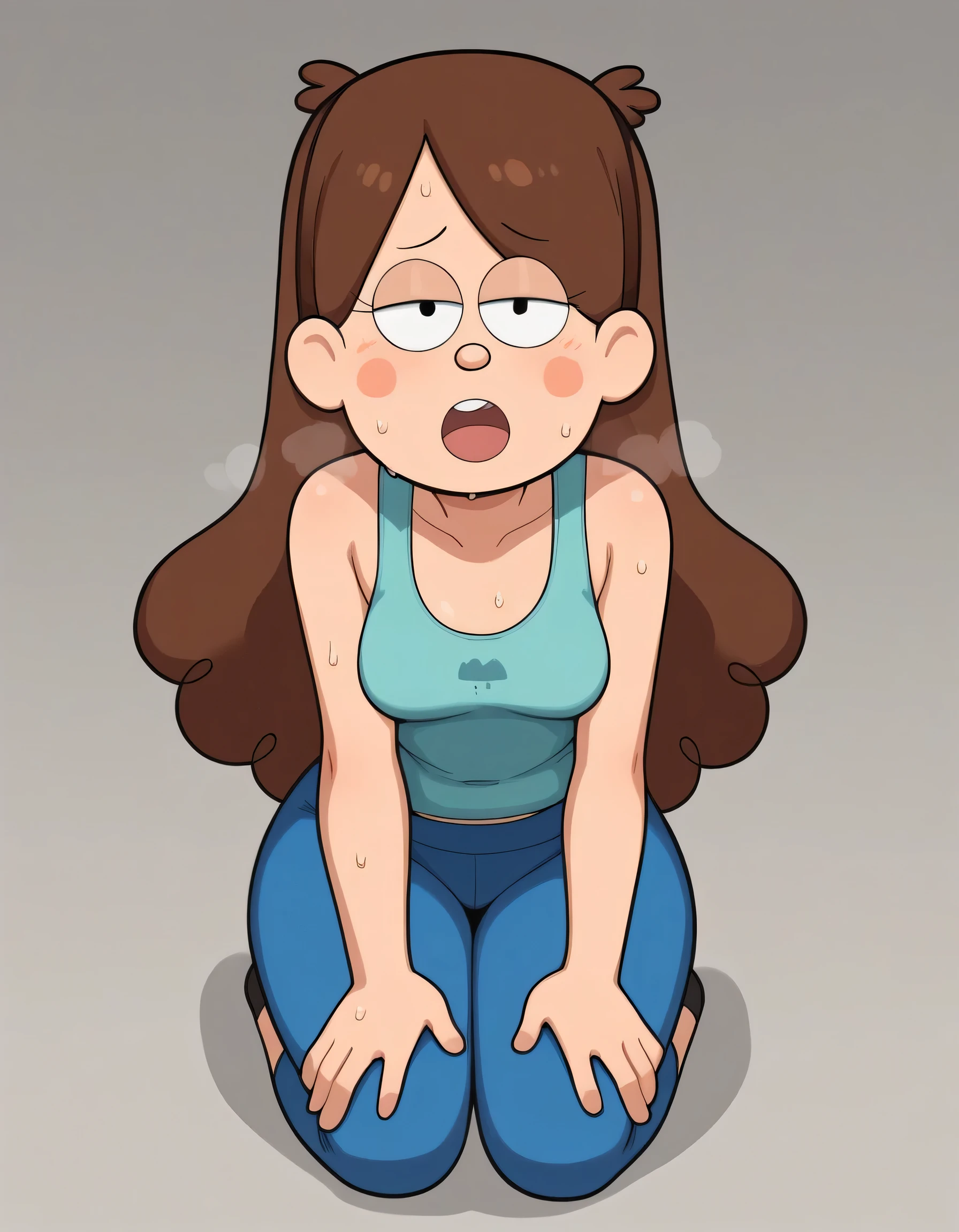 account_9, account_8_ex, account_7_ex, account_6_ex, account_5_ex, account_4_ex,Mabel,1 girl, blush stickers, half-closed eyes, small breasts, huge hips. long eyelashes,looking at the viewer, huge hips, huge saggy breasts, bend over, open mouth, out of breath, gym gray tank top, blue yoga pants, sweating, wet with sweat, hands on knees, chubby