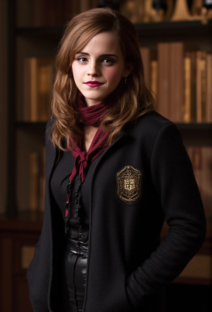 ((masterpiece)) ((full-body photography)) ((Highest quality)) A captivating image of Emma Watson, dressed in a detailed Harry Potter-themed outfit, embodying her iconic role as Hermione Granger. She wears a vintage-style Hogwarts robe with a Gryffindor crest, paired with an elegant scarf, and a subtle wand tucked into her belt. Her expression is confident and full of charm, capturing Hermione's intellectual yet bold character. Her hair is styled in soft waves, and she gazes directly at the camera with a hint of playful mystery.  

This image captures the highest quality in every detail: perfect resolution, cinematic depth, and ultra-sharp focus. The shot is medium-range, highlighting her poised yet alluring presence. The lighting is designed to enhance her features, with a magical and enchanting atmosphere that pays homage to the wizarding world. The photograph is in ultra-high definition (8k), using Unreal Engine 5 for a flawless, award-winning style, ensuring perfect sharpness and depth of field.

**Magazine Title:**  
"MAXIM"  

**Cover Page Details:**  
The title "MAXIM" appears at the top in bold, modern font with a sleek, polished finish. The tagline reads: "Hermione Granger Returns: Magic and Charm Reimagined." A subheading emphasizes: "Emma Watson's Journey Back to the Wizarding World."  

Emma Watson dominates the cover in her magical attire, exuding elegance and strength. The background features a dimly lit, magical atmosphere, with subtle references to the wizarding world, such as floating candles and enchanted books. Her confident pose, combined with the magical elements, adds a sense of adventure and allure.  

To the right, a prominent text box reads: "Exclusive Interview: Emma Watson on Her Return to the Magic." Below, smaller cover stories include: "Reigniting Magic: What’s Next for the Wizarding World?" "Fashion Trends to Watch," and "The Secrets to Emma’s Timeless Elegance."  

The overall cover design perfectly balances the enchanting allure of He