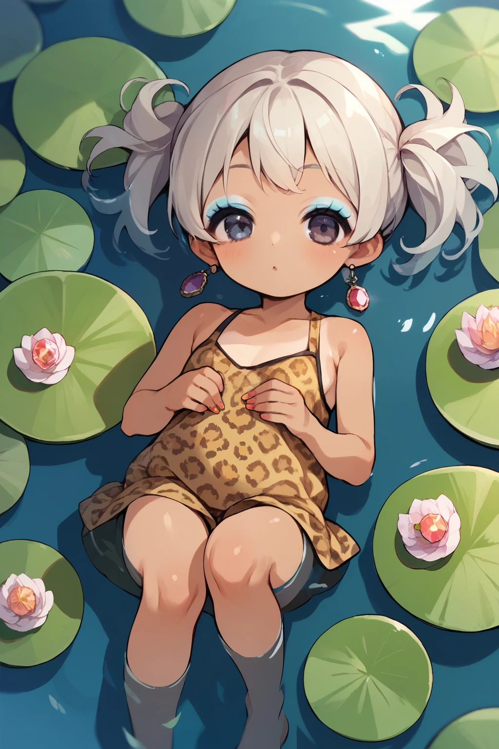 score_9, score_8_up, score_7_up, score_6_up,  source_Anime,  rating:generally, One young girl,  short， toddler figure ， An Anime Girl , Improveu,  tan, Improve, makeup, gem, leopard print, ,  lying on a water lily leaf 