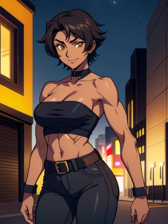  outdoors, Empty City at Night, 1girl, solo, 26 years old, tomboy, Short Black Hair, (tan-bronze skin), yellow eyes, medium breasts, cleavage, (Midriff), (Wearing: opened blue jacket, Strapless black top, Belt, Black Tight Pants), toned, hourglass figure, athletic, agile physique, snarky expression, looking at viewer, wide smile, (agile physique:1.1), upper body , ((masterpiece))