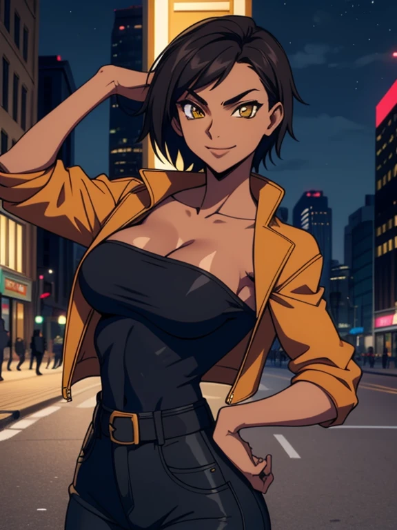  outdoors, Empty City at Night, 1girl, solo, 26 years old, tomboy, Short Black Hair, (tan-bronze skin), yellow eyes, medium breasts, cleavage, (Midriff), (Wearing: opened blue jacket, Strapless black top, Belt, Black Tight Pants), toned, hourglass figure, athletic, agile physique, snarky expression, looking at viewer, wide smile, (agile physique:1.1), upper body , ((masterpiece))