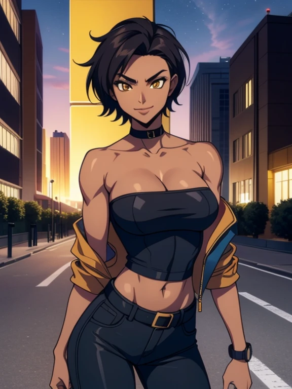  outdoors, Empty City at Night, 1girl, solo, 26 years old, tomboy, Short Black Hair, (tan-bronze skin), yellow eyes, medium breasts, cleavage, (Midriff), (Wearing: opened blue jacket, Strapless black top, Belt, Black Tight Pants), toned, hourglass figure, athletic, agile physique, snarky expression, looking at viewer, wide smile, (agile physique:1.1), upper body , ((masterpiece))