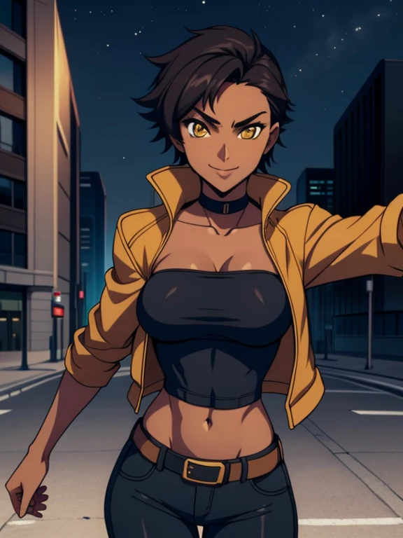  outdoors, Empty City at Night, 1girl, solo, 26 years old, tomboy, Short Black Hair, (tan-bronze skin), yellow eyes, medium breasts, cleavage, (Midriff), (Wearing: opened blue jacket, Strapless black top, Belt, Black Tight Pants), toned, hourglass figure, athletic, agile physique, snarky expression, looking at viewer, wide smile, (agile physique:1.1), upper body , ((masterpiece))