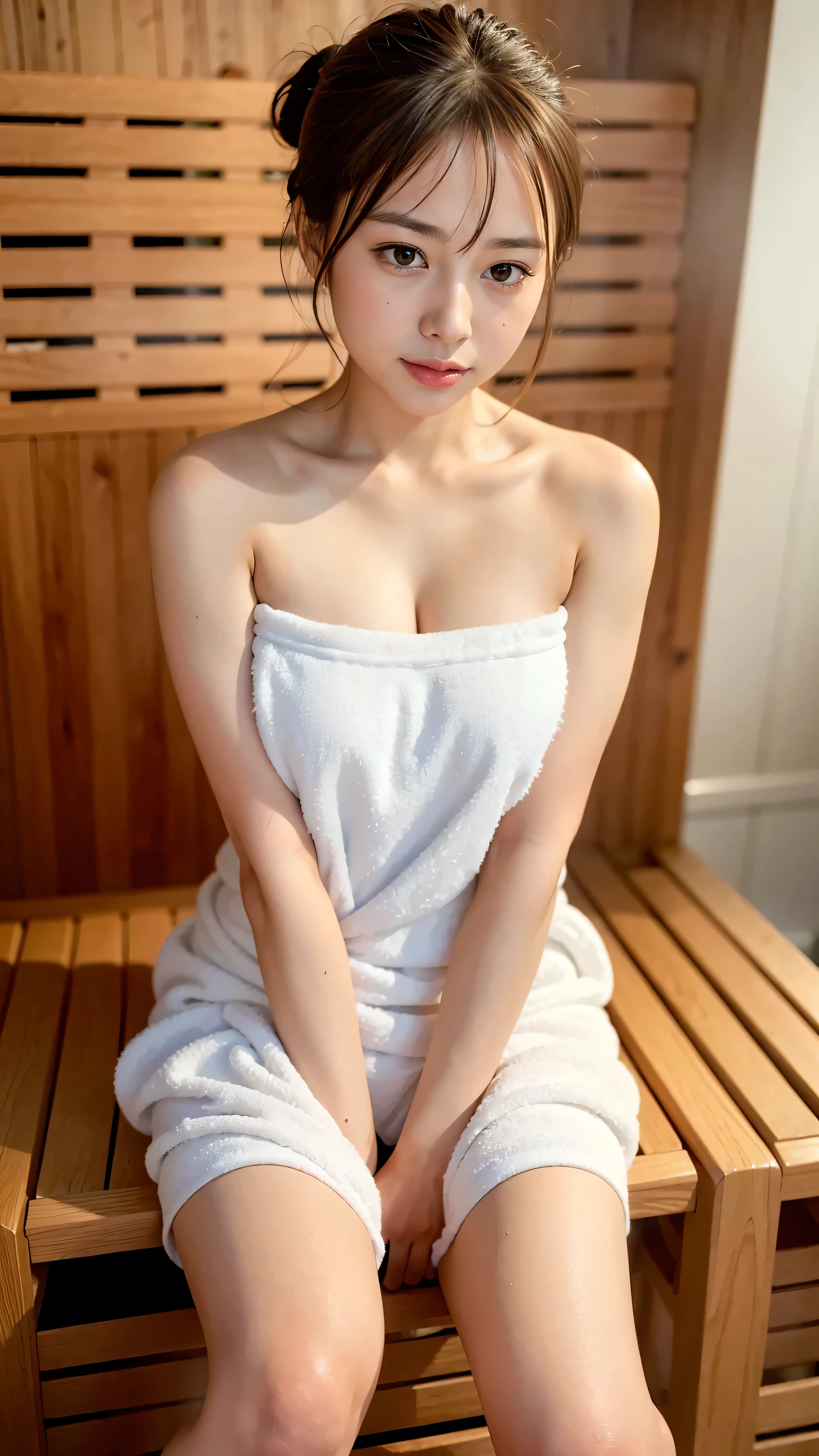 (1 female solo):1.5, (sauna:1.3), (whole body:1.3), (bun hair, dark brown hair), (highest quality, Photoreal:1.4, table top:1.3, Raw photo:1.2, cinematic light, highly detailed illustrations), (Very meticulously drawn face, Super Beautiful Maid, very delicate eyes, Ultra-detailed nooze, highly detailed mouth, highly detailed facial features, Super detailed body, Detailed hips, detailed thigh), (small breasts:1.3), from the front, show cleavage, (Very detailed towel fabric long dress:1.3, strapless), (sweat a lot), (Sitting on a wooden bench), leaning forward, smile:0.8, Light and shadow