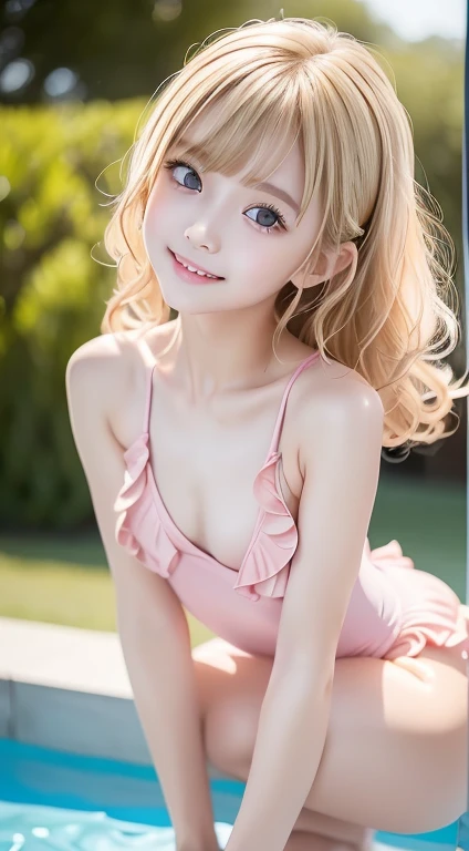 (nsfw, Censorship off  ), (  very pretty and cute girl  ), (  very cute face :1.2),, *************************** , (  Big Attractive Eyes Like Sparkling Crystals ), Looks great,  beautiful detailed eyes,  double eyelids with great detail, (smile), ( realistic pictures:1.2), (Beautiful Bangs, beautiful blonde curly hair:1.2),  Cute Ruffled Coral Pink High Leg Cut One Piece Swimsuit,  slim figure , slender, (((  small breasts:1.2))), かわいい12 *********の水泳選手, ***************, ****, ，  erect nipples  ,  watching the audience,  wet skin, ((ランダムな sexyポーズ, put in, Deep joy, Drunk Eyes:1.2)),  sexyなオレンジ色のフリルハイレグカットワンピース水着, (( Ultra Shiny Ruffled High Leg Cut One Piece Swimsuit  :1.2), ( Wet Sparkling Coral Pink Ruffle One Piece Swimsuit  ,  Wet and Transparent  ),  erect nipples  , ,  embarrassed expression, Ecstatic,  orgasm, (  Pose with your butt facing the camera , Stick your ass out))、((  open legs and crouch  , Squat posture: 1.2)), Crawling pose、  Seductive Poses  ,  Seductive Poses 、 sexy, ( pool side),