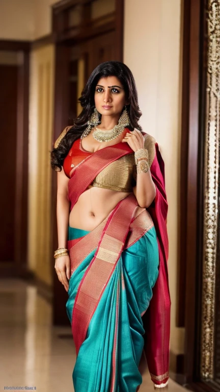 Masterpiece, full body, a beautiful indian housewife, stripping saree strap, tight Indian saree, long sexy legs, thick thighs,  dynamic pose, (UHD, 8K wallpaper, High resolution), Cinematic lighting, award-winning, extremely detailed skin, extra detailed face, high detail eyes, photo-realistic, Zeiss 85 mm F/100,black hair