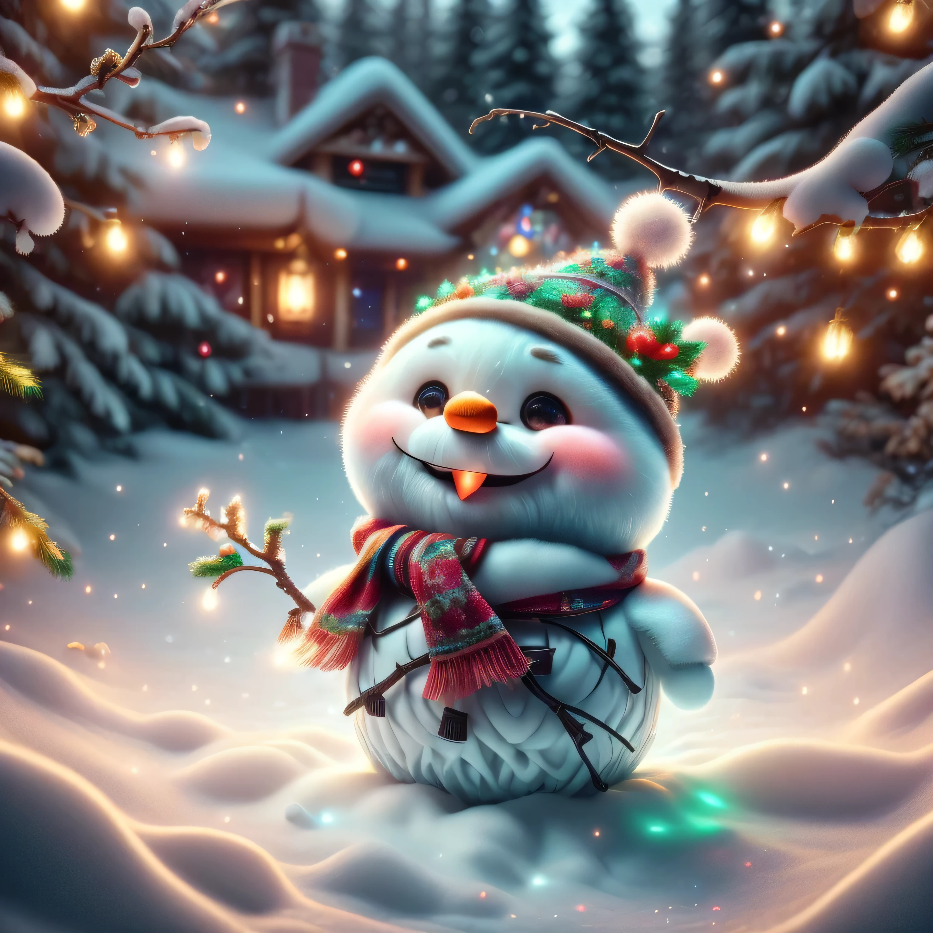 (Best Quality, Super Detail, Masterpiece, Representative Work, Official Art, Professional, Super High Detail, 8k:1.3), (Full Body) Very cute snowman Olaf from the movie 'Frozen'. He is smiling and standing on a snowy hill surrounded by glittering snowflakes under a bright blue sky. In the background is a winter forest with snow-covered trees. Olaf is wearing a red scarf and has cute twig handles. Add elements of fun, such as snow falling around and little frosty joys, to keep his mood positive, blurred background, fantasy, Gouves style artwork, realism: 1.37, (super fine fantasy art), masterpiece, high quality design and accurate physics (super accurate fantasy style)) art, dark fantasy style)), super accurate design and accurate physics), color, depth of field, shadows, ray tracing, (accurate simulation of the interaction of light and materials)], intricate Christmas decorations, glowing garlands, sparkling decoration, natural light, soft background, photorealistic, sparkling eyes, sharp focus, glowing skin, cute and mischievous look, hint of mischief, dreamy atmosphere, Super glossy effect, delicate details, soft ambient light, (Backlight:1.3), (Cinematic:1.2), intricate details, (ArtStation:1.3)