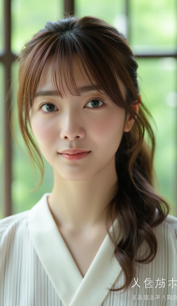   The image is a portrait of a young Asian woman with long brown hair and bangs .  She looks directly at the camera with a serious expression .   She has a faint smile on her lips 、 is wearing a white blouse with black stripes .  background blur, It looks like a window where you can see the greenery outside  .  The overall atmosphere of the image is calm and thoughtful 。. Christmas