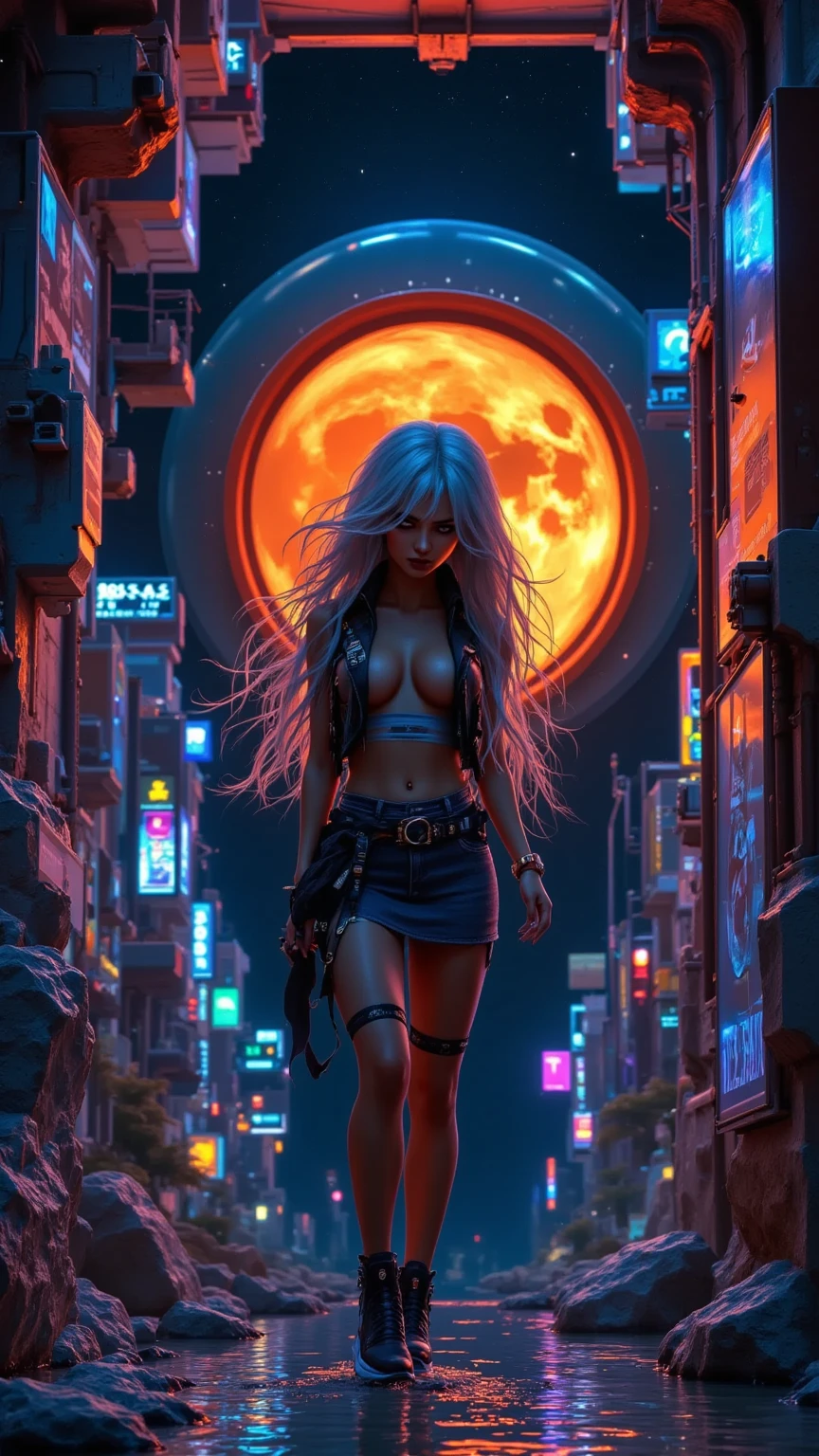  A beautiful girl in a futuristic space station lock, ( best quality ,4K,8k, highres icon, masterpiece:1.2), ultra detailed ,( realistic,photo realistic,photo- realistic:1.37),8k,  highly detailed , cinematic, Establishing Shot,  dramatic lighting , glowing neon lights,  view of stars and planets through the window ,  detailed mechanical airlock , Girl face in focus , intense expression,  long flowing hair , Detailed cyberpunk/Sci-Fi-Outfit,  dynamic pose , Actionszene