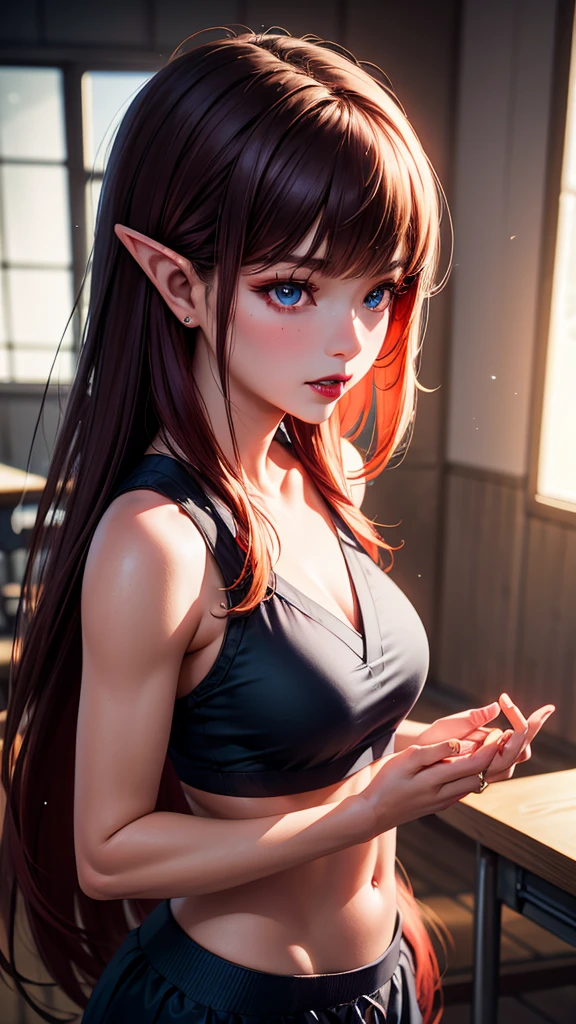 16 year old beautiful elf、Portrait Photography , Double Peace, super beautiful, Bright red lips, (masterpiece) (Highest quality) (detailed) (8K) (High resolution) (Cinema Lighting) (Sharp focus)、桃colorの金髪、(Inner Color: Random), ((blush: 0.8)), Natural skin texture, Transparent skin、Because I'm sweaty、Big Breasts、Sheer Croc Top Tank Top, Colorful bikini top(7color)、A step back angle、A scene from a movie、