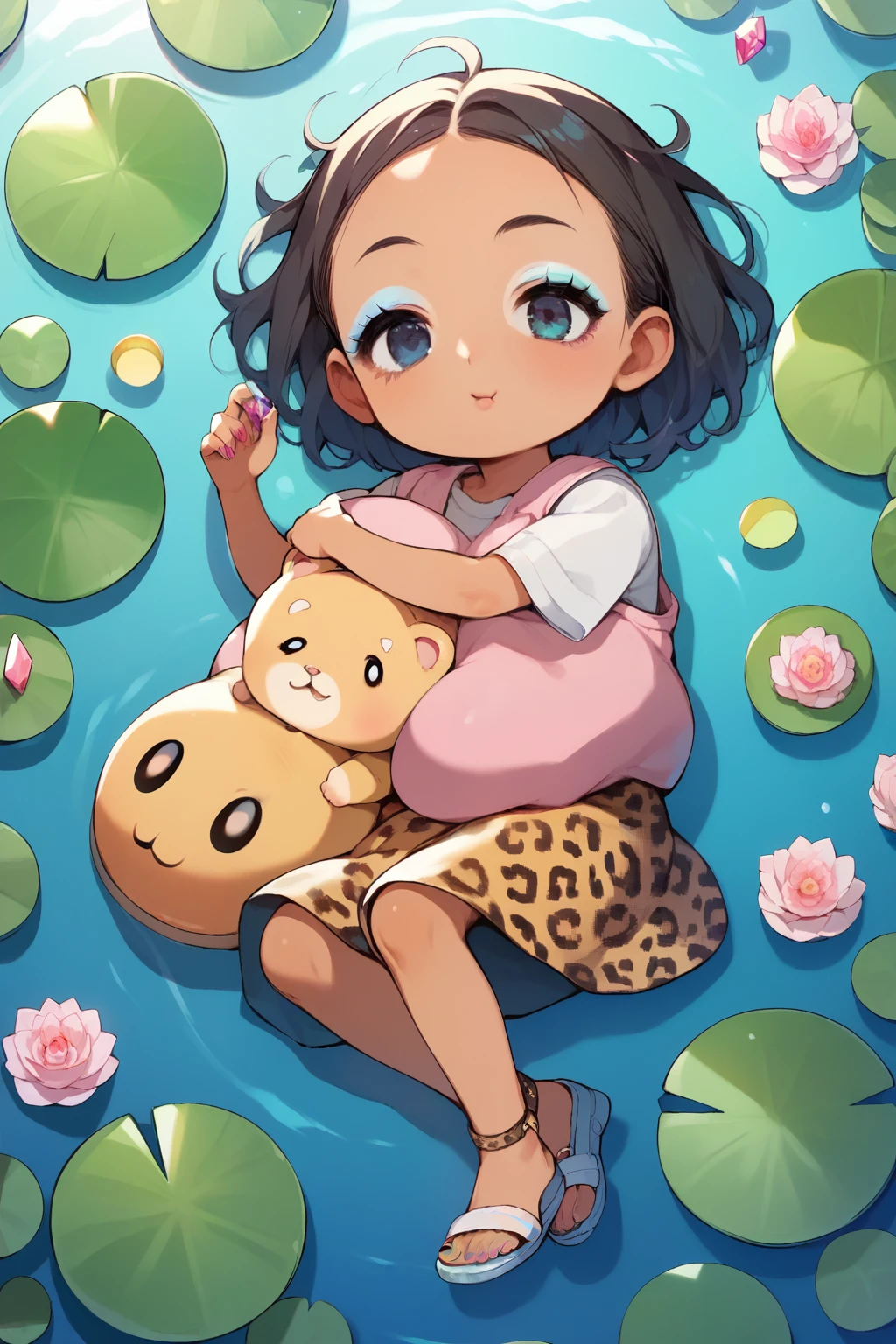 score_9, score_8_up, score_7_up, score_6_up,  source_Anime,  rating:generally,  1 very young girl,  short， toddler figure ，Baby Face， An Anime Girl , Improve,  tan, Improve, makeup，gem，leopard print， lying on a water lily leaf 