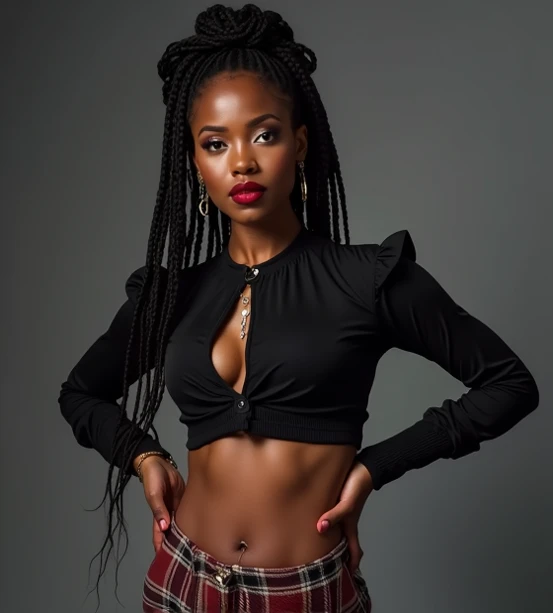 a beautiful African-American woman, detailed facial features, long eyelashes, full lips, wearing a crop top, high waisted leggings, belt with metallic buckle with the letters "EST" , sneakers, hoop earrings, dynamic pose, natural lighting, photorealistic, intricate details, vibrant colors, fashion editorial style, bianca belair,very long ponytail