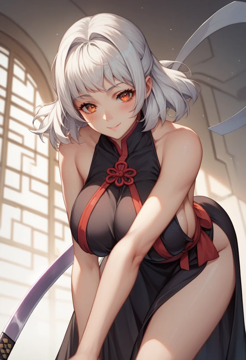 score_9, score_8_up, score_7_up, source_anime, best quality, clear face,samurai girl,white hair, orange eyes, medium hair, large breasts, perfect body, bending over, looking at viewer, smile, black dress,cute dress, indoor,blushing,embrassed,red accessories on dress,big boob,sexy pose,holding katana,legendary purple katana,cool,covering dress,thick dress