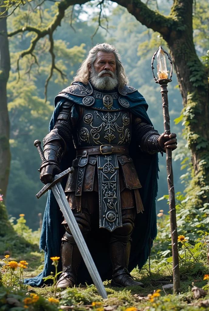 Aldric the Wanderer:

"Create an image of a tall, silver-haired man with deep blue, glowing eyes. He wears a deep blue cloak with silver runes, a blend of leather and enchanted steel armor, and carries a silver longsword and a staff with a crystal of pure light. He stands in a forest clearing, with a calm and confident aura surrounding him."