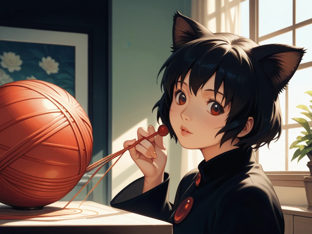 black cat playing with a ball of thread,  a pattern in delicate tumblr colors , Modern,  animated film , studio ghibli sunlight, Ghibli studio aesthetics , Hayao Miyazaki Style, in lo-fi style 