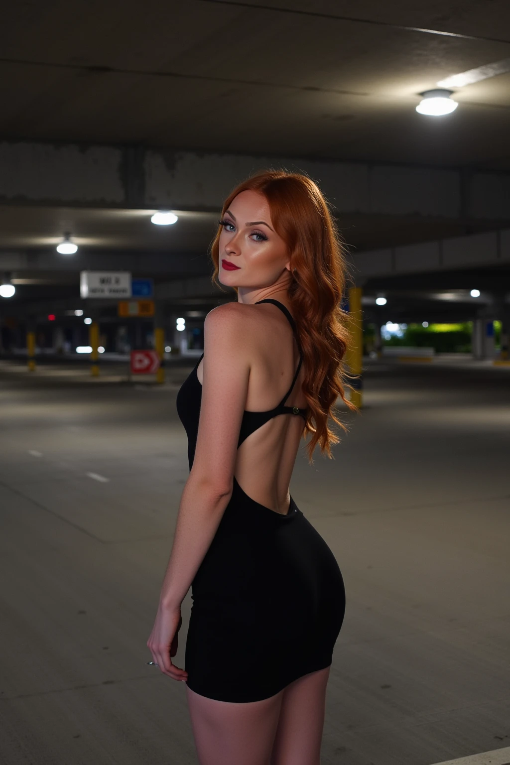 emmaleiah. The image is a photograph of a young woman standing in a dimly lit, expansive parking garage. She has long, wavy red hair and fair skin, giving her a striking appearance. She is wearing a black, form-fitting mini dress that accentuates her slim figure and medium-sized breasts. The dress features a cutout design on her back, adding to its revealing nature.