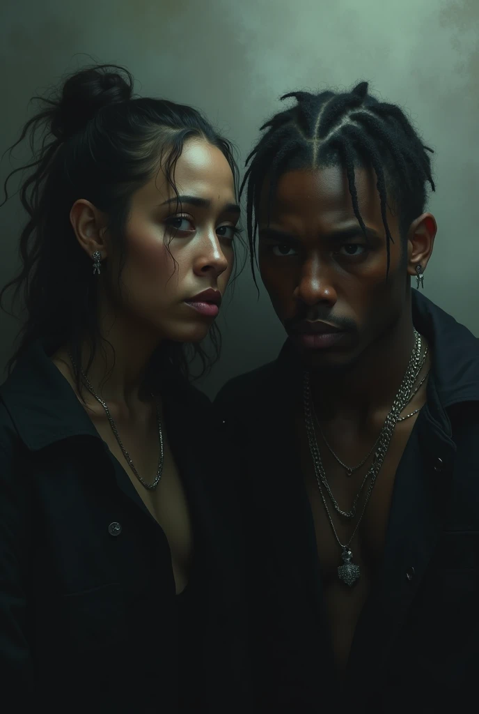 Black man and brunette girl in cyberpunk themed room