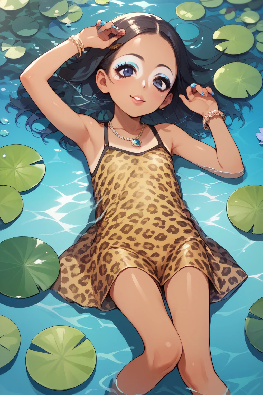 score_9, score_8_up, score_7_up, score_6_up,  source_Anime,  rating:generally,  1 very young girl,  short， toddler figure ， An Anime Girl , Improve,  tan, Improve, makeup，gem，leopard print， lying on a water lily leaf ，