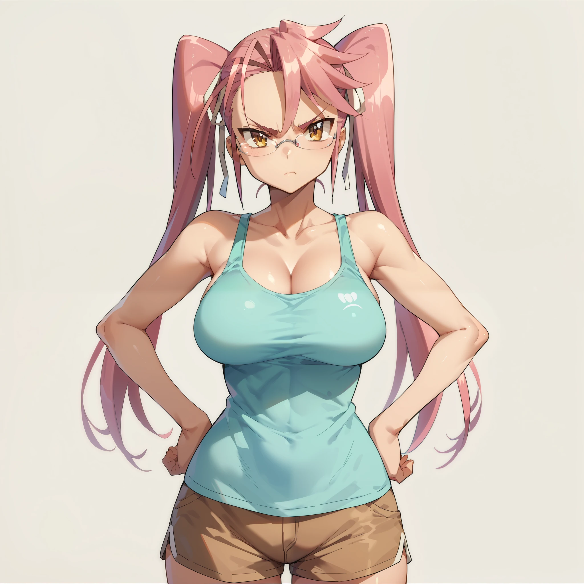 saya_takagi, solo, pink hair, brown eyes, long hair, twintails, large breasts, wide hips, thick thighs, glasses, hair ribbon, turquoise tank top, brown shorts, serious, cute, hands on hips, standing, looking at viewer, simple background, from the front view