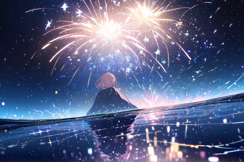  sparkling underwater fireworks ,Cinema Light, starry sky ,The surface reflects the starry sky , white whales swim in the sky, 1 girl