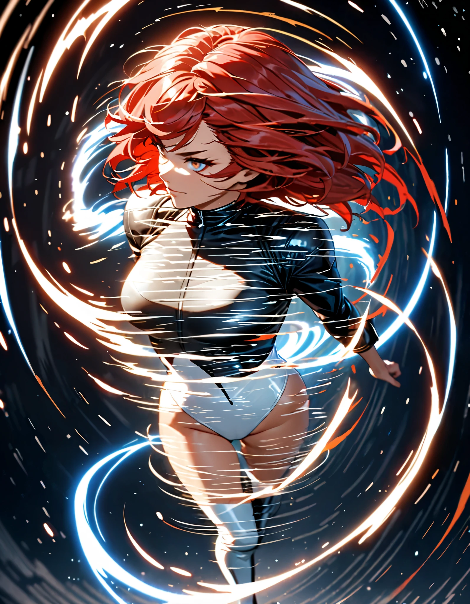 (High Detail:1.2) Anime girl, (Best quality, Detailed), Top quality, high resolution, perfect human structure, ((28 years old)), 1girl, (solo), medium hair, wavy hair, red hair, (green eyes), serious, gravelly:1.3, dark:1.2, fair skin, very lot pubic hair, naked, beautiful, (medium breasts), intense look, dynamic pose, futur room, space behind, (8k, vibrant colors, digital art, concept art)