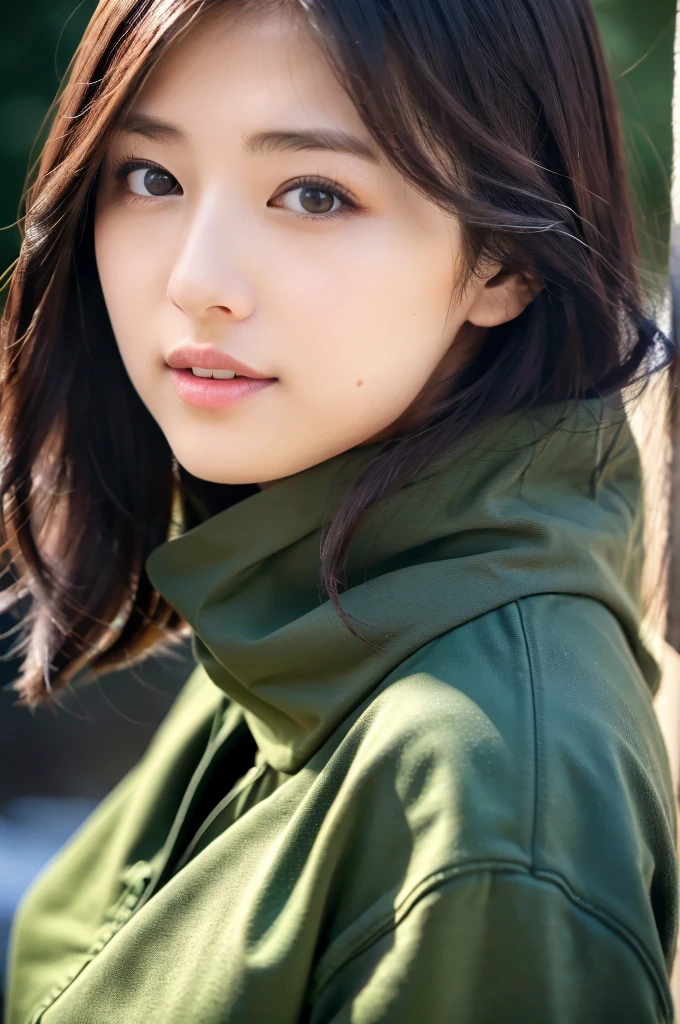 (masterpiece, best quality, perfect anatomy, highres, 8k, realistic, photorealistic, natural skin texture, no makeup:1.2), 1girl, solo, Japanese, age20, female university student, very cute, parted lips, (large breasts), (perfect figure). winter clothes, winter, natural lighting, portrait, nekogao