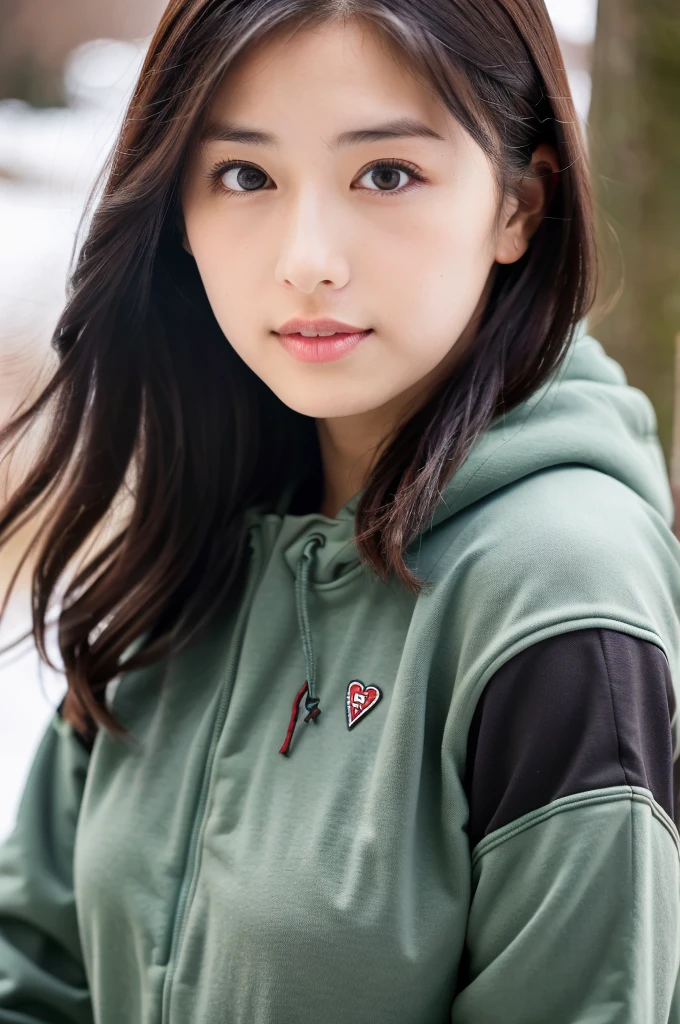 (masterpiece, best quality, perfect anatomy, highres, 8k, realistic, photorealistic, natural skin texture, no makeup:1.2), 1girl, solo, Japanese, age20, female university student, very cute, parted lips, (large breasts), (perfect figure). winter clothes, winter, natural lighting, portrait, nekogao