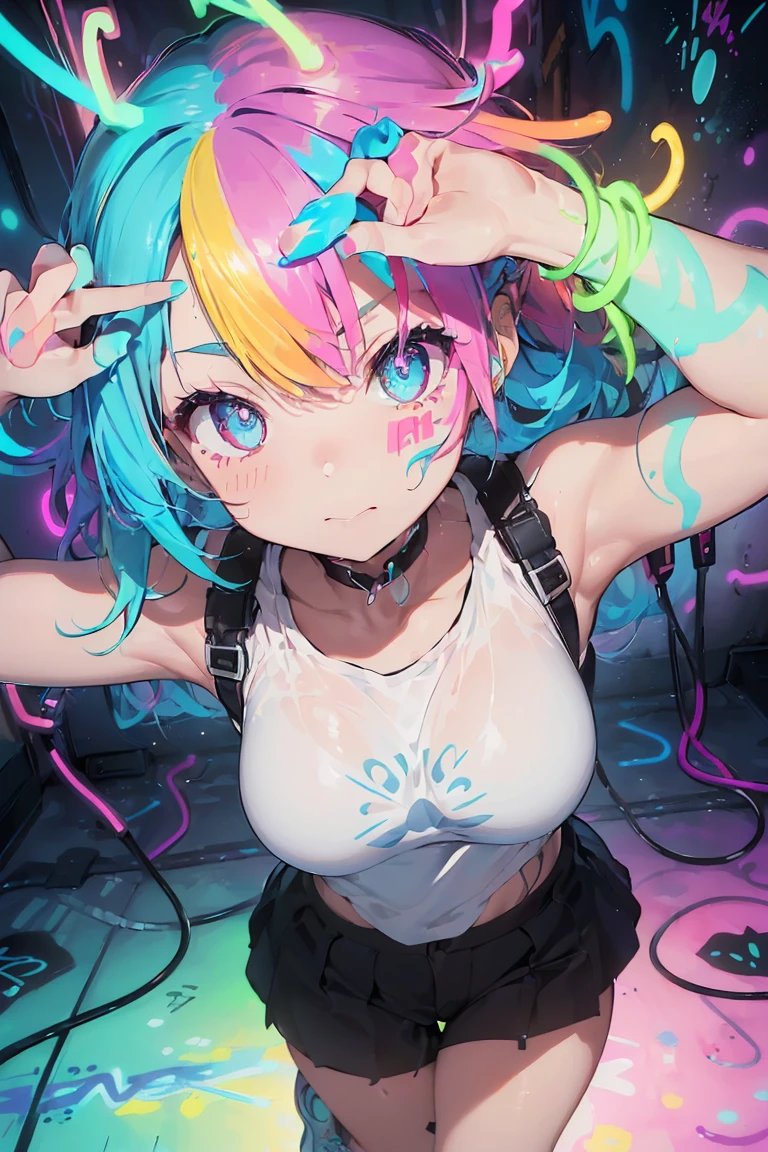 (Punk Girl), ((Get on all fours)), The eyes shine like jewels, Anime Girl,(Cowboy shooting), (Large Breasts:1.3),((look up:1.3, Perfect eyes , The rainbow shines、Highly detailed turquoise red eye:1.1, Gradient Eyes:1, Beautiful details:1, Symmetrical eyes:1, Big eye highlights:1.2)), blush, (open mouth), anger,In a psychedelic room, (White skin: 1.5, Sunburn, White skin, very White skin, Bright body), Tranceのイラスト, Trance, Psychedelic art style, Neon color theme, (((masterpiece))), (complicated), 8K, best quality, (Visual Power: 1.5),
(((Liquid paint hair:1.1))) ,(((Neon hair :1.5))), ((I drew、overcome gravity,Strong current),(Paint splash:1.3), (Shiny hair: 1.3), (Vibrant colors), Embarrassing,Center,Scale to Fit,Three-Part Approach, Painted car body,Colorful background, Colorful themes, Paint splash regeneration, Beautiful light, Colorful light particles,High contrast clothing, Splash of Color, Colored walls, complicated 詳細, Exposure Blending, high resolution, (Graffiti Art)