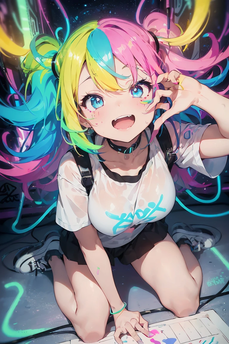 short cute male, very pale skin, beautiful eyes, perfect hands, one eye red one eye pink, long legs, narrow waist, perspective, neck-length blonde hair with pale pink tips, perfect hands, male, fluffy bear slippers, crossed bangs, vivid colors, best quality, high quality, short messy wavy hair, oversized brown bear onesie, loose sleeves, pale blue jean shorts, striped knee high socks, earring on left ear, fangs, :3, smug