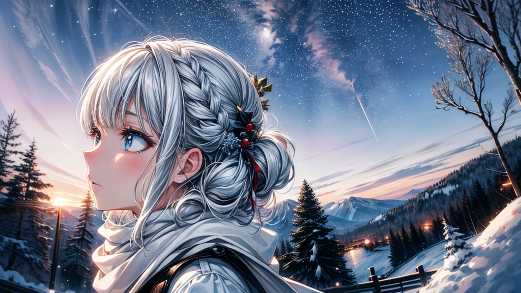 (best quality,4k,8k,highres,masterpiece:1.2, beautiful girl, beautiful eyes, detailed eyes),ultra-detailed,white hair,scarf,snow,portrait,icy blue,soft illumination,crisp shadows, winter,serene expression,magical solitude,vivid colors,subtle gradients,fine brushstrokes, ((winter wonderland background, falling snow, night time)), (((she is staring up at the sky, side profile, faraway shot)))