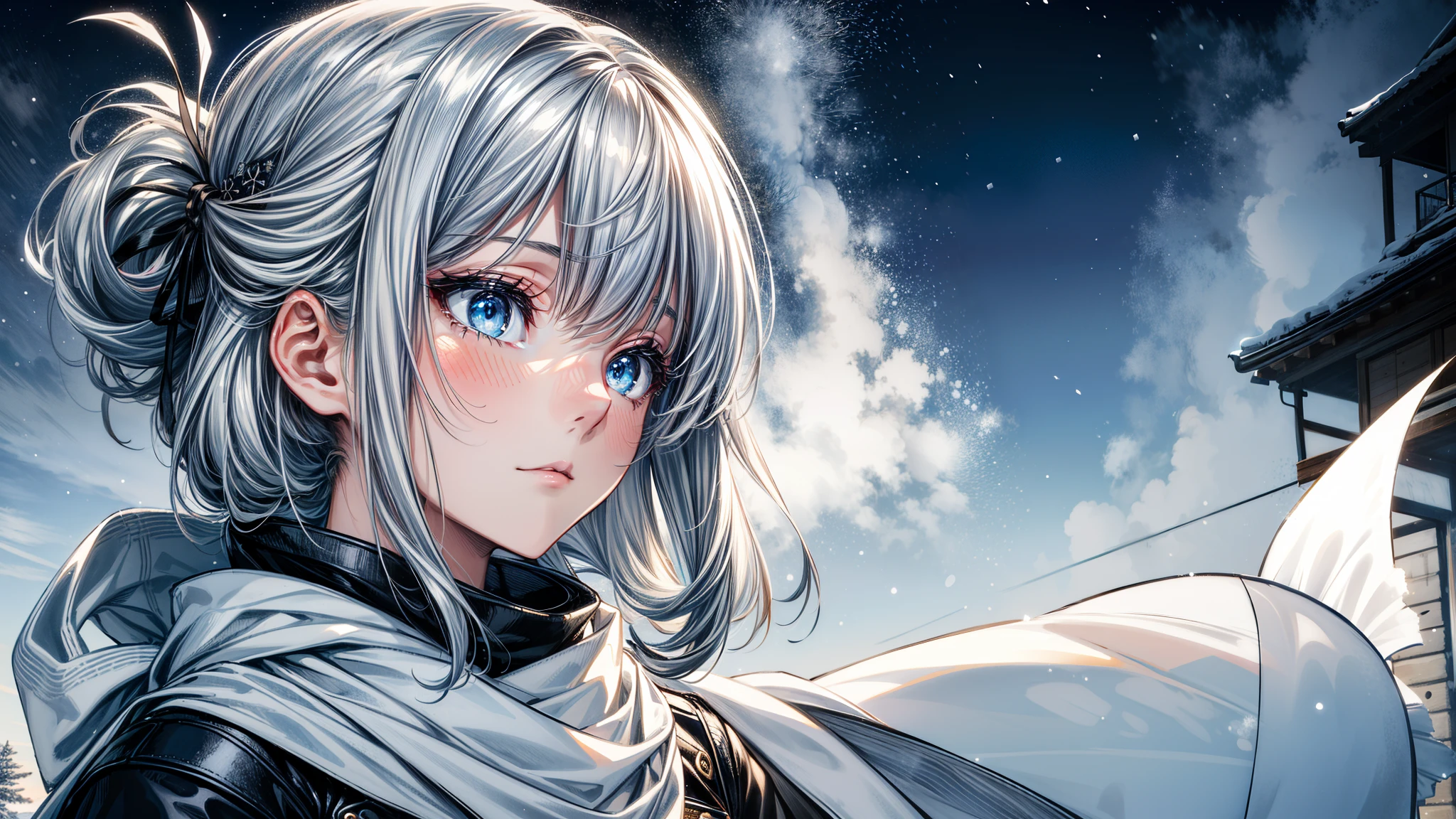 (best quality,4k,8k,highres,masterpiece:1.2, beautiful girl, beautiful eyes, detailed eyes),ultra-detailed,white hair,scarf,snow,portrait,icy blue,soft illumination,crisp shadows, winter,serene expression,magical solitude,vivid colors,subtle gradients,fine brushstrokes, ((winter wonderland background, falling snow, night time)), (((she is staring up at the sky, side profile, faraway shot)))