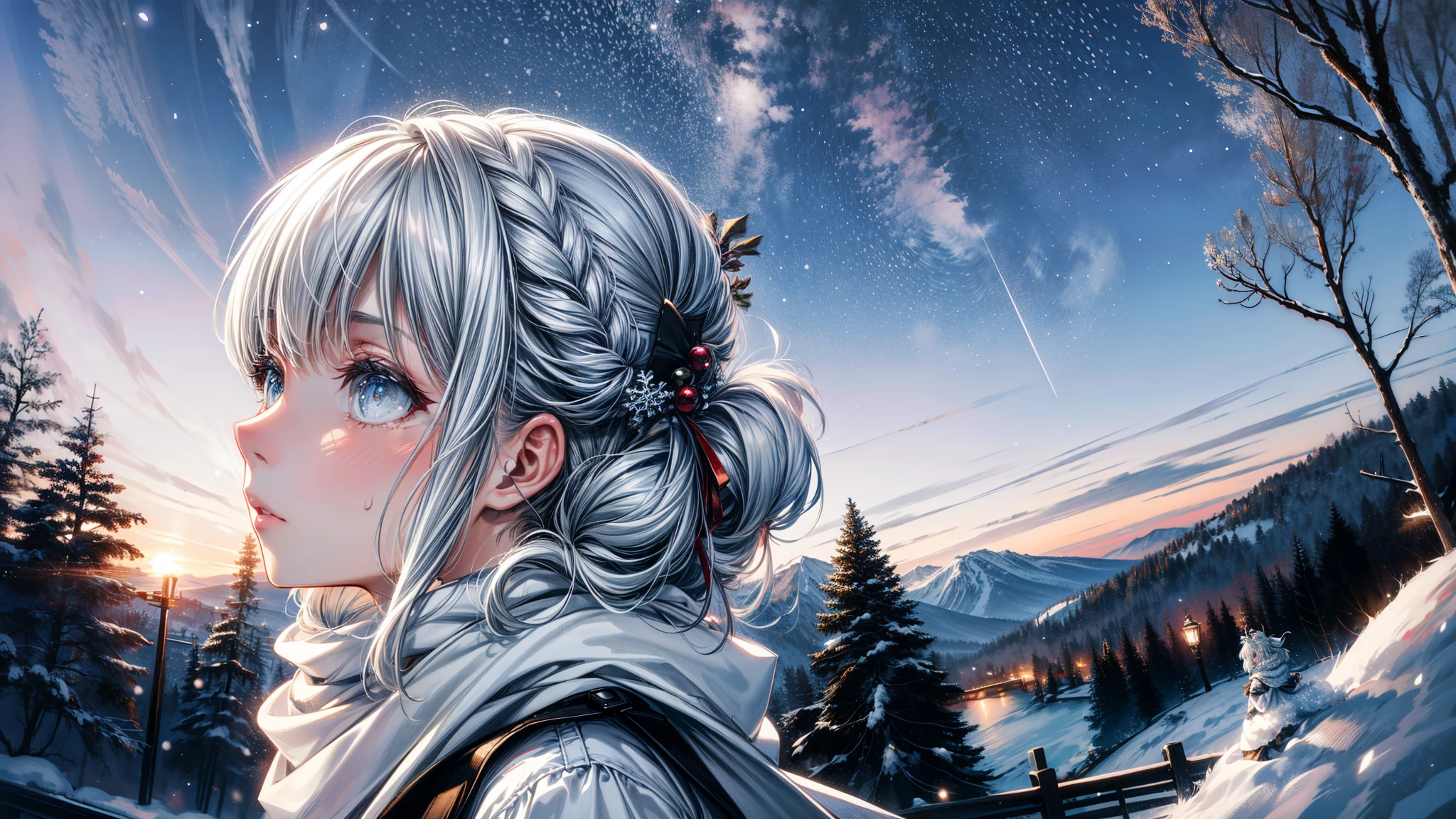 (best quality,4k,8k,highres,masterpiece:1.2, beautiful girl, beautiful eyes, detailed eyes),ultra-detailed,white hair,scarf,snow,portrait,icy blue,soft illumination,crisp shadows, winter,serene expression,magical solitude,vivid colors,subtle gradients,fine brushstrokes, ((winter wonderland background, falling snow, night time)), (((she is staring up at the sky, side profile, faraway shot)))